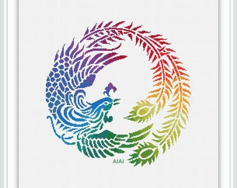 Cross stitch pattern bird Peacock silhouette rainbow ornament wings tail feather monochrome fantasy