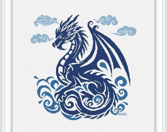 Cross stitch pattern sea Dragon silhouette cloud waves monochrome marine East Chine Japan fantasy counted crossstitch patterns PDF