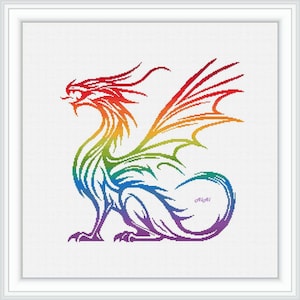 Cross stitch pattern contour Dragon silhouette lines rainbow magic animal fantasy lizard outline