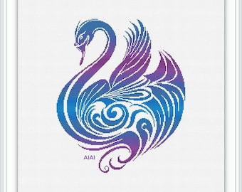 Cross stitch pattern bird Swan silhouette ornament modern monochrome blue purple easy