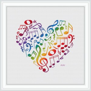 Kruissteekpatroon Muziek Hartnoten G-sleutel Regenboog bassleutel muzikale liefde getelde kruissteekpatronen Instant download pdf
