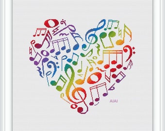 Cross stitch pattern  Music  Heart  Notes Treble clef Rainbow bass clef musical love counted crossstitch patterns Instant Download PDF