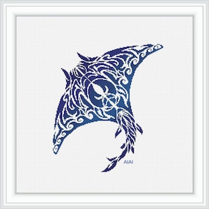 Cross stitch pattern Stingray Manta ray fish shark mosaic waves marine sea silhouette monochrome blue counted crossstitch patterns PDF