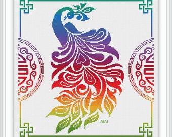 Cross stitch pattern bird Peacock silhouette Chinese frame rainbow monochrome ornament tail feather