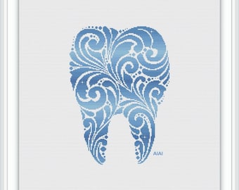 Cross stitch pattern medical Tooth silhouette floral ornament monochrome medicine dentist doctor profession counted crossstitch patterns PDF