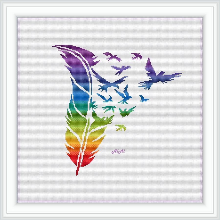 Cross stitch pattern Feather birds silhouette rainbow abstract bird colorful