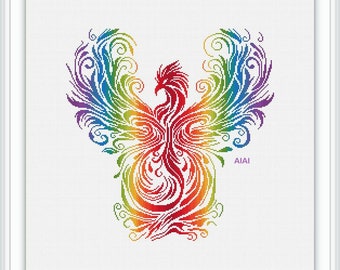 Cross stitch pattern bird Phoenix silhouette curls ornament wings rainbow peacock fantasy counted cross stitch patterns/Instant Download PDF