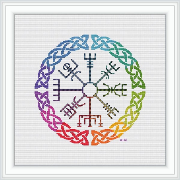 Cross stitch pattern Runic compass Vegvisir celtic knot rainbow ancient nordic rune colorful monochrome viking  crossstitch patterns PDF