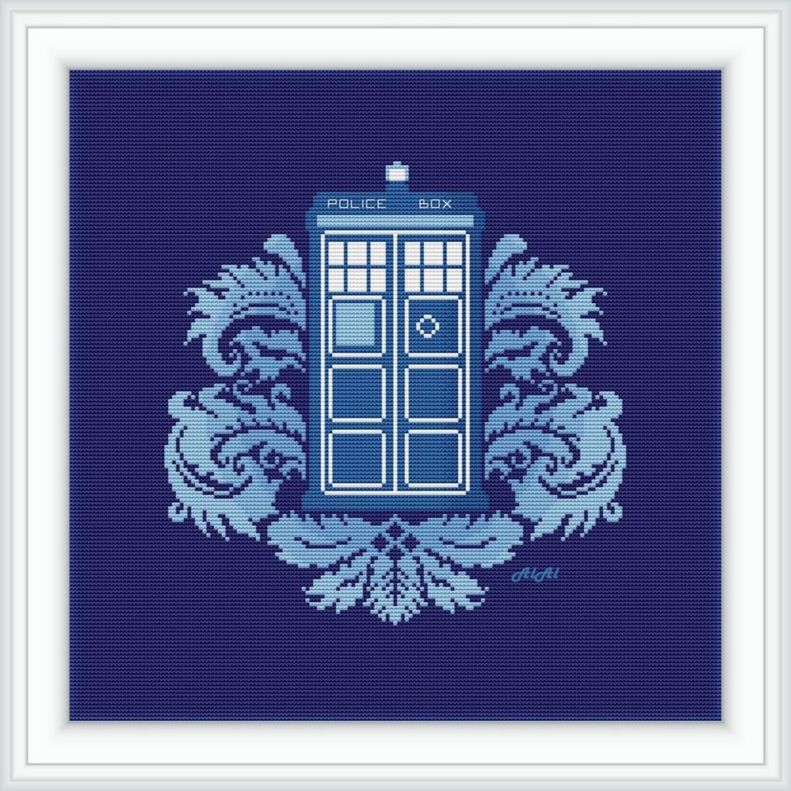 Cross Stitch Pattern Doctor Who Tardis Police Box Floral Ornament Blue ...