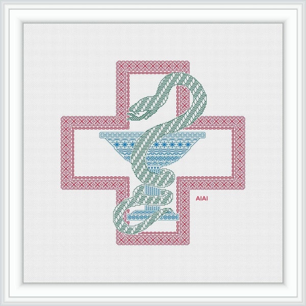 Blackwork Medical Symbol red Cross Bowl Snake Sampler ornament Medicine Pharmacy profession monochrome counted cross stitch pattern PDF
