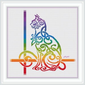 Cross stitch pattern Cat silhouette celtic knot ethnic ornament rainbow feline monochrome counted crossstitch patterns Instant Download PDF