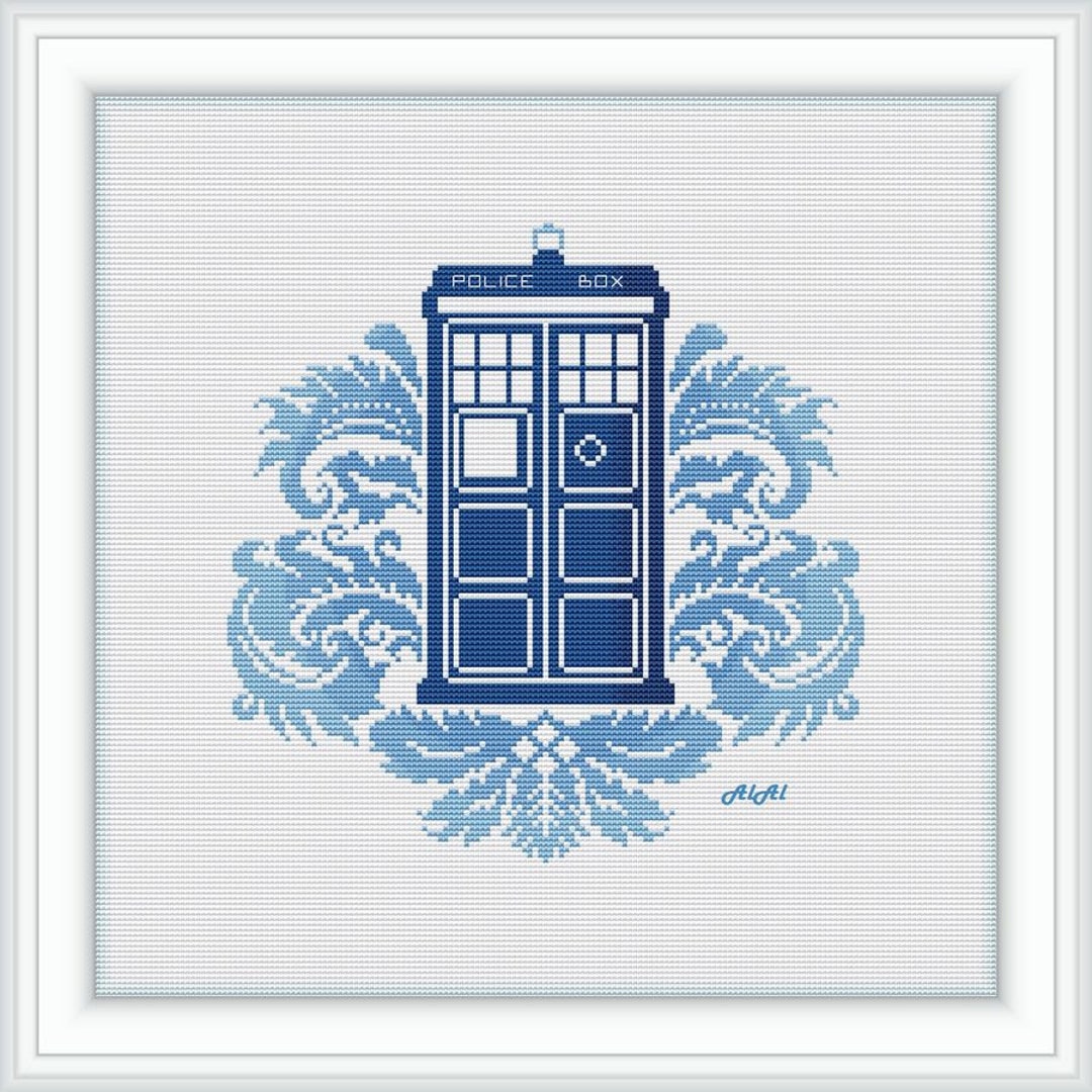 Cross Stitch Pattern Doctor Who Tardis Police Box Floral Ornament Blue ...