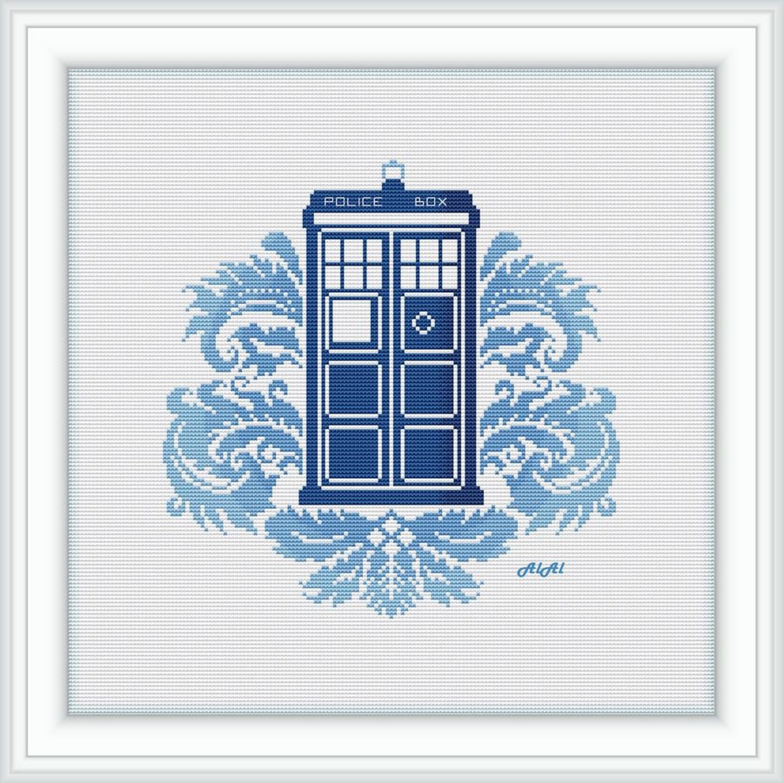 Cross Stitch Pattern Doctor Who Tardis Police Box Floral Ornament Blue ...