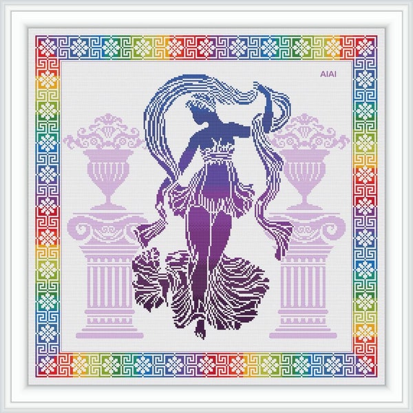 Cross stitch pattern Aphrodite Greek Goddess beauty love silhouette rainbow frame ethnic ancient Greece counted crossstitch patterns PDF