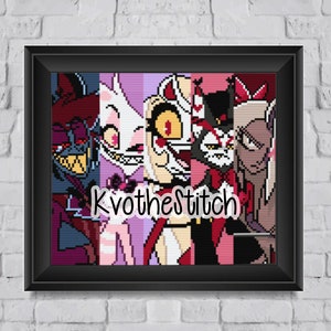 May include: A pixel art cross-stitch pattern featuring four characters from the animated series 'Helluva Boss'. The characters are:  'Blitzø', 'Loona', 'Millie', and 'Moxxie'. The pattern is in a variety of colours, including red, pink, black, white, and grey.