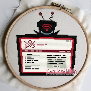 May include: Cross-stitch pattern of a retro television with an antenna and a wifi symbol on the screen. The television is red and black with a white screen. The text "Kvo the Stitch" is at the bottom of the image.
