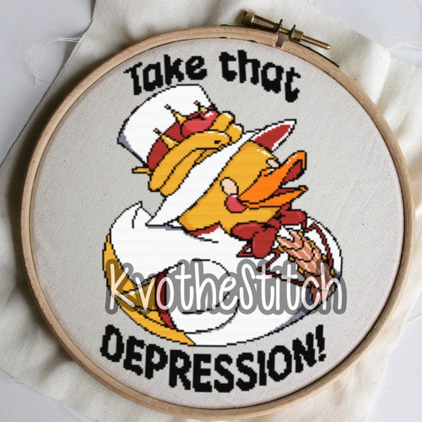 Take That Depression! Lucifer Duck Funny Hazbin Hotel Cross Stitch Pattern