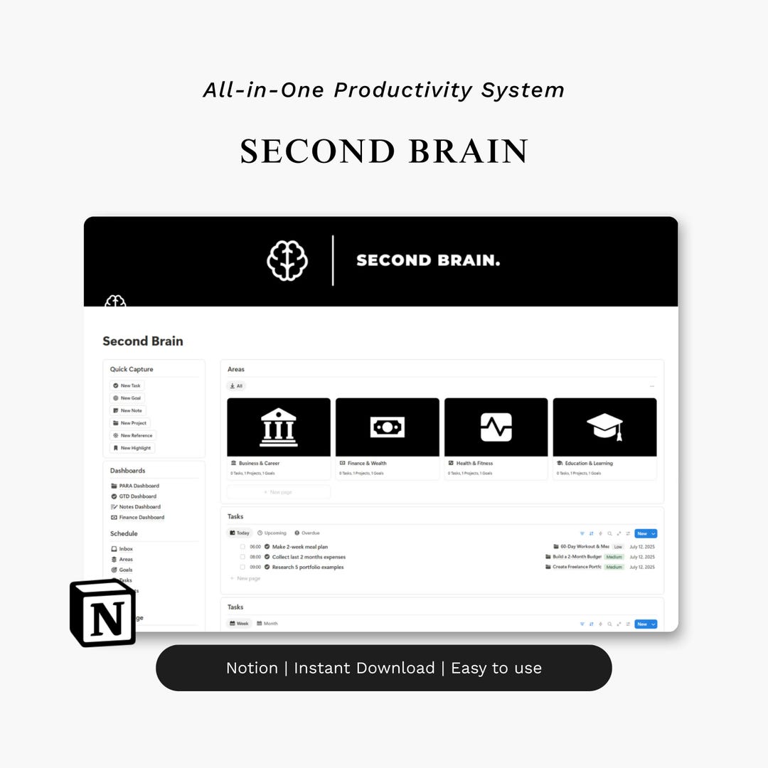 Notion Second Brain Template | PARA + GTD System | All-in-one ...