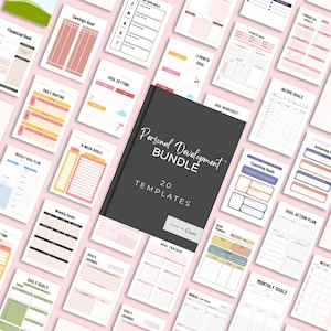 Könnte beinhalten: Eine Sammlung druckbarer Vorlagen zur persönlichen Weiterentwicklung, darunter Zielverfolgungen, Finanzplaner und tägliche Routineblätter. Das Bundle hat einen schwarzen Einband mit dem Titel "Personal Development Bundle" und dem Text "20 Templates".