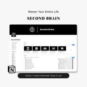 Puede incluir: Una interfaz digital con el texto "Second Brain" y la frase "Master Your Entire Life". La interfaz presenta un diseño en blanco y negro con iconos y el texto "Notion | Instant Download | Easy to use."