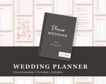 Könnte beinhalten: Ein dunkelgraues Hochzeitsplaner-Buch mit weißem Text, der Planner WEDDING 102 PAGES liest, und einem kleinen Etikett mit der Aufschrift MADE IN Canva. Das Buch ist von verschiedenen hellrosa druckbaren Planerseiten mit Tabellen umgeben.
