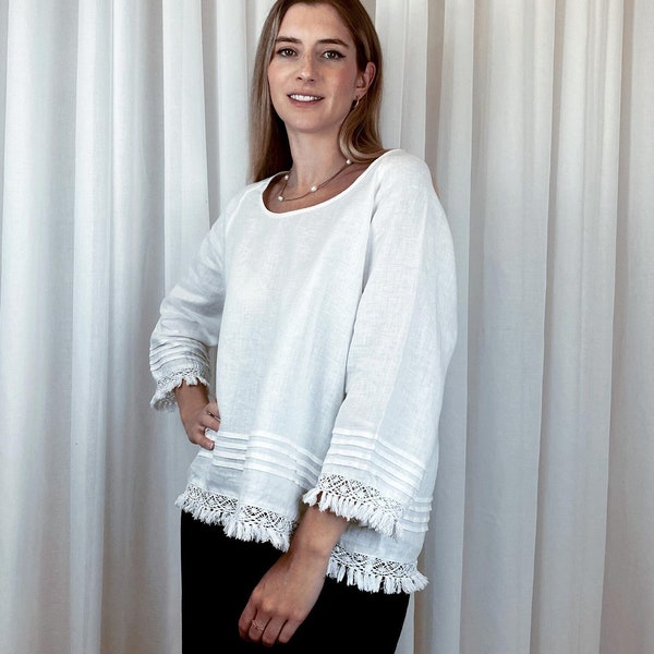 White linen top, scoop neck, 3/4 length sleeve with cotton lace trim and pintucking detail