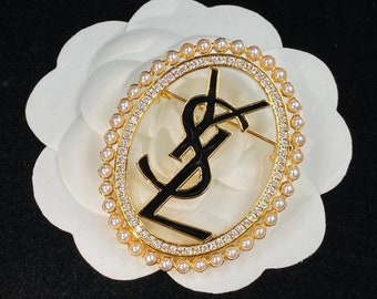 Vintage YSL Gold Rhinestone Pearl Brooch