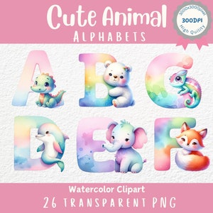 Cute Animal Alphabet in Pastel Watercolor Animal Alphabet Clipart for Baby Room Decor Custom Name Alphabet PNG