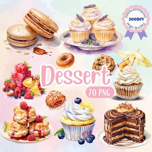 Watercolor Dessert Cupcake Cookies Macaron Clipart Bakery Decor Dessert Decor Cupake Pie Clipart PNG Sublimation Dessert for T-shirt Card