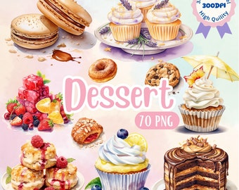 May include: A watercolor illustration of various desserts, including cupcakes, macarons, a donut, a chocolate cake, a scone, and a fruit salad. The illustration is labeled "Dessert 70 PNG".