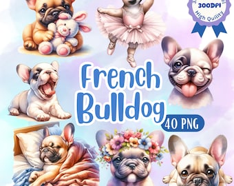 May include: A set of 40 digital illustrations of French Bulldogs in various poses. The illustrations are in a cartoon style and feature the dogs in different settings, such as sleeping, playing, and wearing a tutu. The illustrations are perfect for use in digital scrapbooking, card making, and other creative projects.