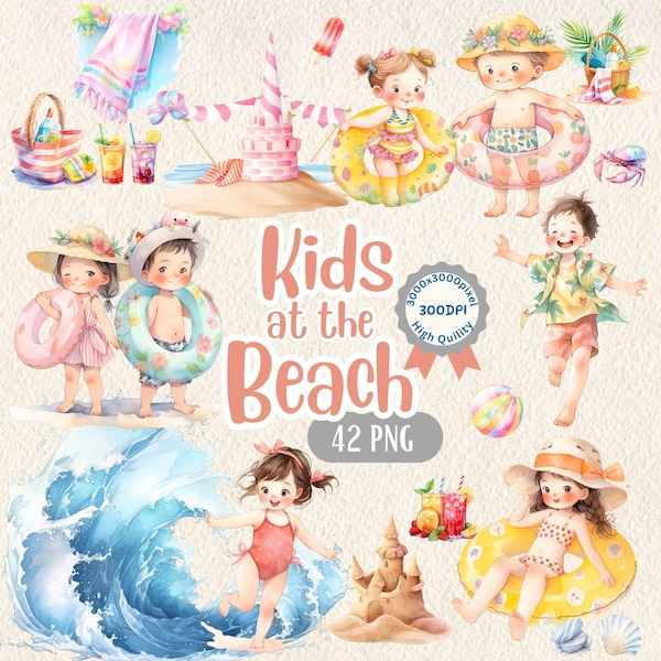 Beach with kids watercolor on the beach clipart summer kids beach day vacation clipart for decor cute summer clipart