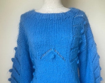 1980s Hand-knitted Blue Jumper Sweater with Bobble Pom-Poms