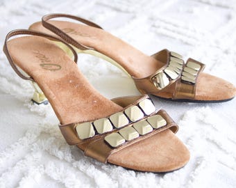 Vintage 70s Metallic Leather Sandals, Size 9