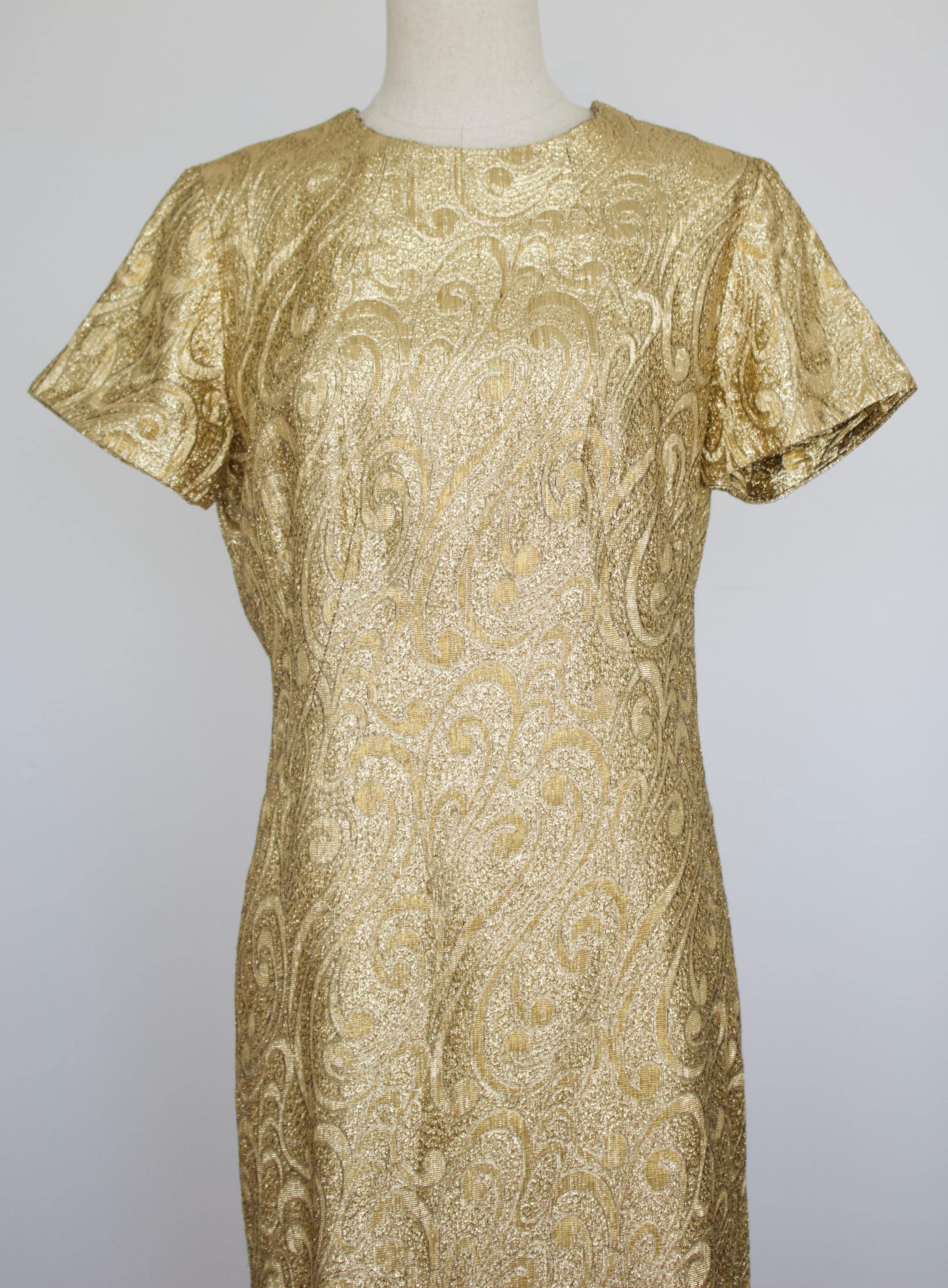 green emerald velvet dress 1960s Gold Beaded Lace Bell Sleeves Party Dress