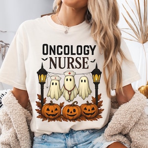 Comfort Colors Oncology Nurse Shirt Halloween Fall Aesthetic Tee Group Matching Tee Cancer Hanging Ghosts Bats Pumpkin Hem RN Autumn Gift
