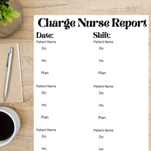 May include: A printable charge nurse report form with sections for date, shift, patient name, diagnosis, history, and plan. The form is designed for use in a healthcare setting.