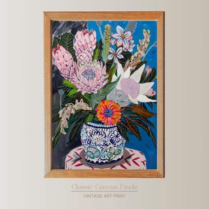 Impresión artística floral llamativa / Póster de jarrón colorido y alegre / Naturaleza muerta con protea rosa / Descarga digital botánica moderna / Decoración instantánea