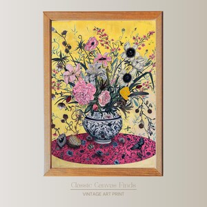 Arte mural botánico vintage / Imprimible floral amarillo y rosa / Descarga instantánea / Decoración cottagecore / Póster de jarrón con flores silvestres / Impresión para el hogar