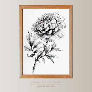 Black and White Peony Illustration, Vintage Floral Wall Art, Botanical Print, Digital Download, Monochrome Flower Poster, Minimalist Decor