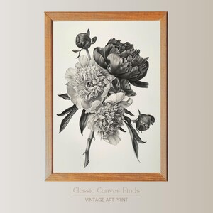 Black and White Peony Floral Print, Botanical Wall Art, Vintage Flower Illustration, Digital Download, Monochrome Art Poster