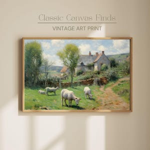 Rustic Cottage Farm Digital Print, Vintage Countryside Landscape, Pastoral Sheep Painting, Instant Download