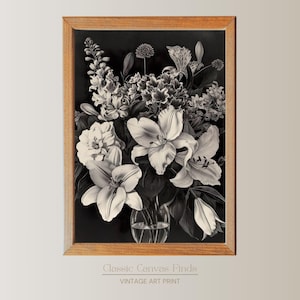 Dark Floral Botanical Print | Black & White Vintage Flowers | Digital Download Wall Art | Elegant Home Decor