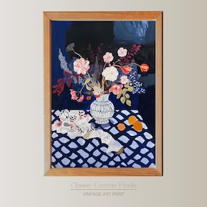 Elegante arte floral de medianoche / Póster de jarrón azul y blanco / Impresión mural botánica oscura / Descarga instantánea / Arte digital moderno de naturaleza muerta