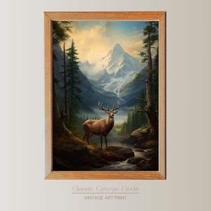 Mountain Deer Printable Art – Digital Download Wilderness Landscape, Rustic Cabin Wall Decor, Nature Wildlife Poster
