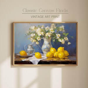 Arte imprimible de naturaleza muerta con limones: descarga digital, decoración rústica de cocina, póster de jarrón azul floral, arte de pared de granja imprimible
