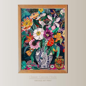 Arte mural floral llamativo / Póster de jarrón blanco azul marino / Impresión digital / Decoración botánica bohemia colorida / Obra de arte imprimible al instante