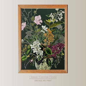 Arte mural botánico oscuro / Estampado floral de líneas modernas / Fondo verde / Descarga digital / Póster de jarrón imprimible / Decoración instantánea