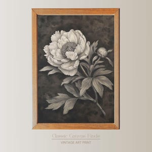Vintage Peony Illustration, Dark Floral Wall Art, Black and White Botanical Print, Digital Download, Printable Artwork