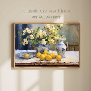 Lemon Still Life Painting – Vintage Kitchen Wall Art, Floral Vase Canvas, Rustic Farmhouse Decor, Classic Dining Room Artwork